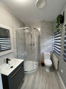 uma casa de banho com um chuveiro, um WC e um lavatório. em Great Polonia River Boat Apartments Wrocław em Breslávia