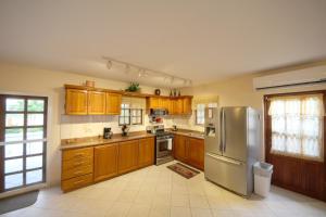 a kitchen with wooden cabinets and a stainless steel refrigerator at Sunrise Villa in Noord