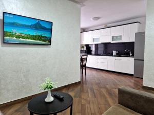 a living room with a couch and a tv on a wall at Apartment on Belvedere in Ivano-Frankivsʼk