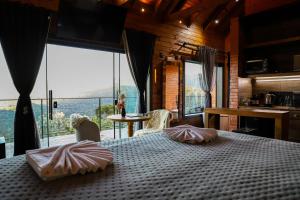 a bedroom with a bed with a large window at Infinity Valley Cabanas de Altitude Urubici in Urubici