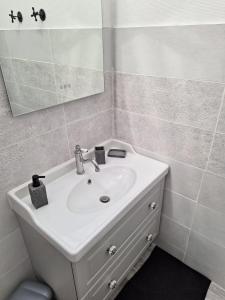 een badkamer met een witte wastafel en een spiegel bij au p'tit logis montlouisien in Montlouis-sur-Loire