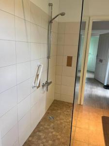 a shower with a glass door in a bathroom at Nordsee Ferienwohnung Utspann in Uelvesbüll