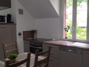 a kitchen with a counter and a table and chairs at Appartement chaleureux et cosy in Le Mont-Dore