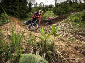 two people riding bikes on a dirt trail at ALPINE Appartement 208 Schladming by globboard in Schladming