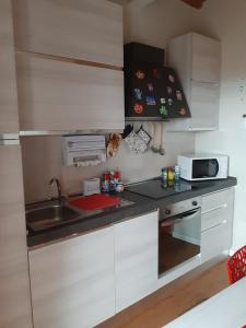 eine kleine Küche mit einer Spüle und einer Mikrowelle in der Unterkunft Il paradiso sopra le nuvole in Peccioli