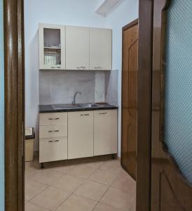 a kitchen with white cabinets and a sink at Vila Vadeha in Pogradec