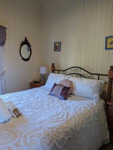a bedroom with a bed with a pillow on it at Amiens Cottage. Queenslander, charming, central. in Stanthorpe