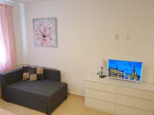 uma sala de estar com um sofá e uma televisão numa cómoda em Podbara Center em Novi Sad