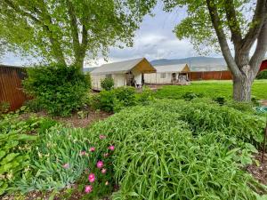 a garden with flowers and trees and houses at Cosmo Glamping Tent at Zenzen Gardens in Paonia
