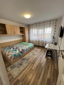 a bedroom with a bed and a desk in it at Apartament Madalina in Corabia