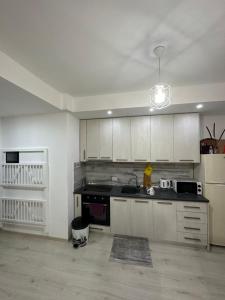 een keuken met witte kasten en een zwarte kachel bij Grace's Centre Apartment in Shkodër