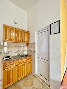 cocina con fregadero y nevera en Apartments Dusseldorf, en Ulcinj