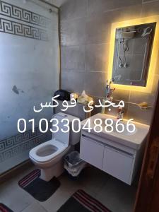 een badkamer met een wastafel, een toilet en een spiegel bij قريه امواج الساحل الشمالى in Abû Zeira