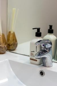 a bathroom sink with a blow dryer and two bottles of soap at Luxurious Christchurch Suite - Single Level 2 bed in Christchurch