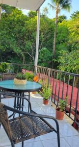 einen Tisch und einen Stuhl auf einer Veranda mit Pflanzen in der Unterkunft Henko House in Quepos