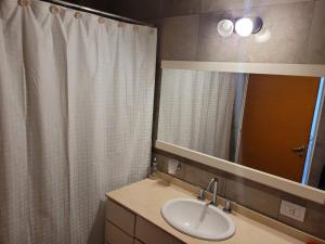a bathroom with a sink and a shower curtain at Departamento céntrico villa ramallo in Ramallo