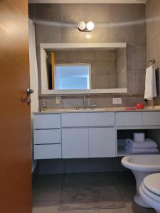 a bathroom with a sink and a toilet at Departamento céntrico villa ramallo in Ramallo