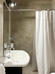 baño con lavabo y cortina de ducha en Departamento CENTRICO de dos dormitorios - EVA PERÓN en Santa Fe