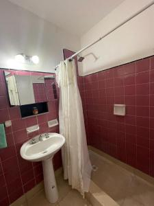 baño con lavabo y cortina de ducha en Depto Zona Guemes en Mar del Plata