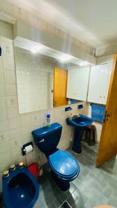 La salle de bains est pourvue de 2 toilettes bleues et d'un lavabo. dans l'établissement Tupungato Village, à Tupungato