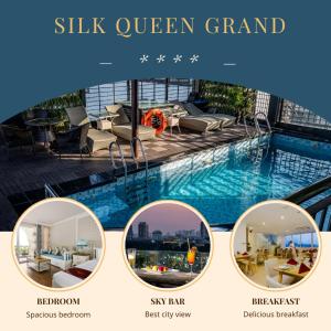 a collage of four photos of a swimming pool at Silk Queen Grand Hotel in Hanoi