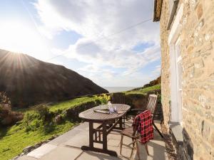 LlandysulにあるDolwylan Cottageの海の景色を望むパティオ(テーブル、椅子付)