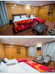 two pictures of a bedroom with two beds at Saspolo chain of G house in Skardu