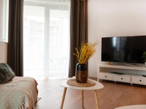 a living room with a tv and a vase on a table at Modern apartment for 5 people, very close to the beach, Pobierowo in Pobierowo