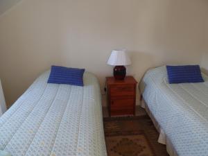 1 dormitorio con 2 camas y mesita de noche con lámpara en Decher Apartment - Puerto Varas, en Puerto Varas