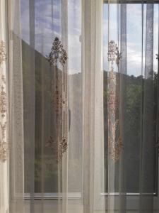 d'une fenêtre avec des rideaux blancs et une vue. dans l'établissement House at the Forest / სახლი ტყის პირას, à Gordi