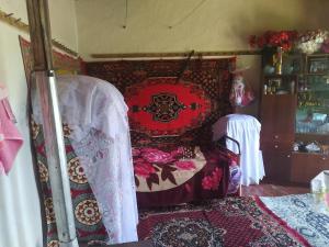 een slaapkamer met een bed met een rood en zwart hoofdeinde bij Ruzigar Guesthouse in Sım
