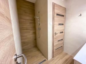 ein Bad mit einer Dusche und einer Tür in der Unterkunft Fasor Vendégház in Szeged