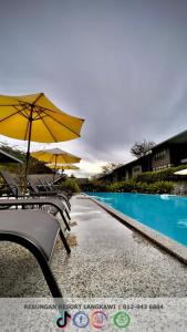 Rebungan Resort Langkawi في كواه: صف من الكراسي مع مظلات بجانب مسبح