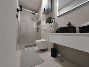 a bathroom with a shower and a toilet and a sink at Mediterranean Vista in Dubrovnik +33 photos