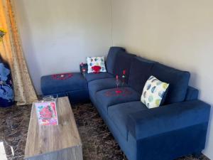 a blue couch with a coffee table in a living room at Riambel Paradise Inn Primary Apartment in Riambel
