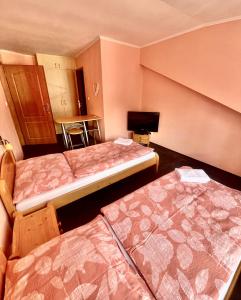 a room with two beds and a tv at Penzion Brtnice in Brtnice
