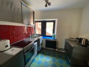cocina con fregadero y fogones en Schöne Wohnung mit Elbblick in Blankenese Strandlage en Hamburgo