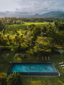Selemadeg的住宿－Balian Prana，享有度假村游泳池的空中景致