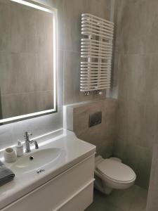 ソポトにあるSuites La Bellaのバスルーム(洗面台、トイレ、鏡付)