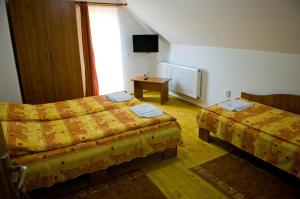a hotel room with two beds and a television at Casa Panorama Sovata in Sovata