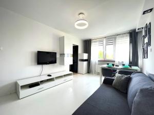 uma sala de estar com um sofá e uma televisão em INFLANCKA Apartment - Self Check-In 20h em Breslávia