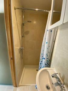 a bathroom with a shower and a sink at Studio to let in Covent Garden with kitchen in London +2 photos