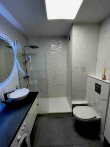 y baño con aseo, lavabo y ducha. en Le lys - Cosy et atypique à Moulin-Les-Metz, en Moulins-lès-Metz