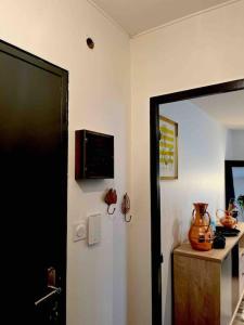 Zimmer mit einer schwarzen Tür und einer Küche mit einer Theke in der Unterkunft Le lys - Cosy et atypique à Moulin-Les-Metz in Moulins-lès-Metz