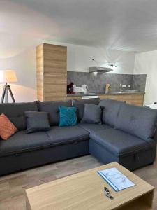 sala de estar con sofá azul y mesa en Le St Martin Appart', en Coligny
