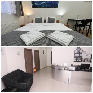 dwa zdjęcia sypialni z łóżkiem i kanapą w obiekcie Vurk INN Paracin w mieście Paraćin