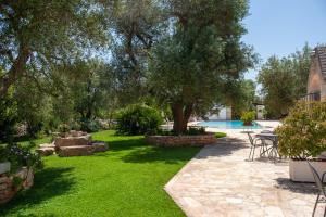 a garden with a tree and a swimming pool at Trulli Boccadoro in Ostuni
