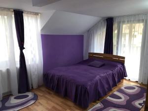 - un lit violet dans une chambre avec fenêtres dans l'établissement Pensiunea Rebeca, à Bughea de Sus