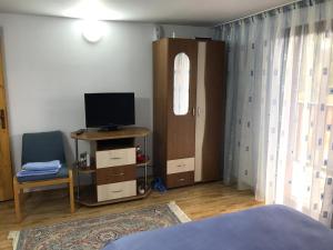 a bedroom with a bed and a tv and a chair at Pensiunea Rebeca in Bughea de Sus