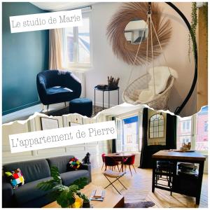 a collage of photos of a living room with furniture at Les Calins d'Honfleur in Honfleur